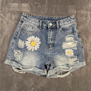Daisy Embroidered Distressed Denim Cutoff Shorts - Small (026)